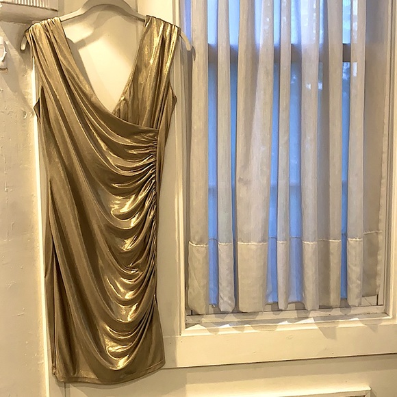 Andrew Marc Ruched Gold V-Neck Sheath Dress Size 2 - Picture 9 of 12